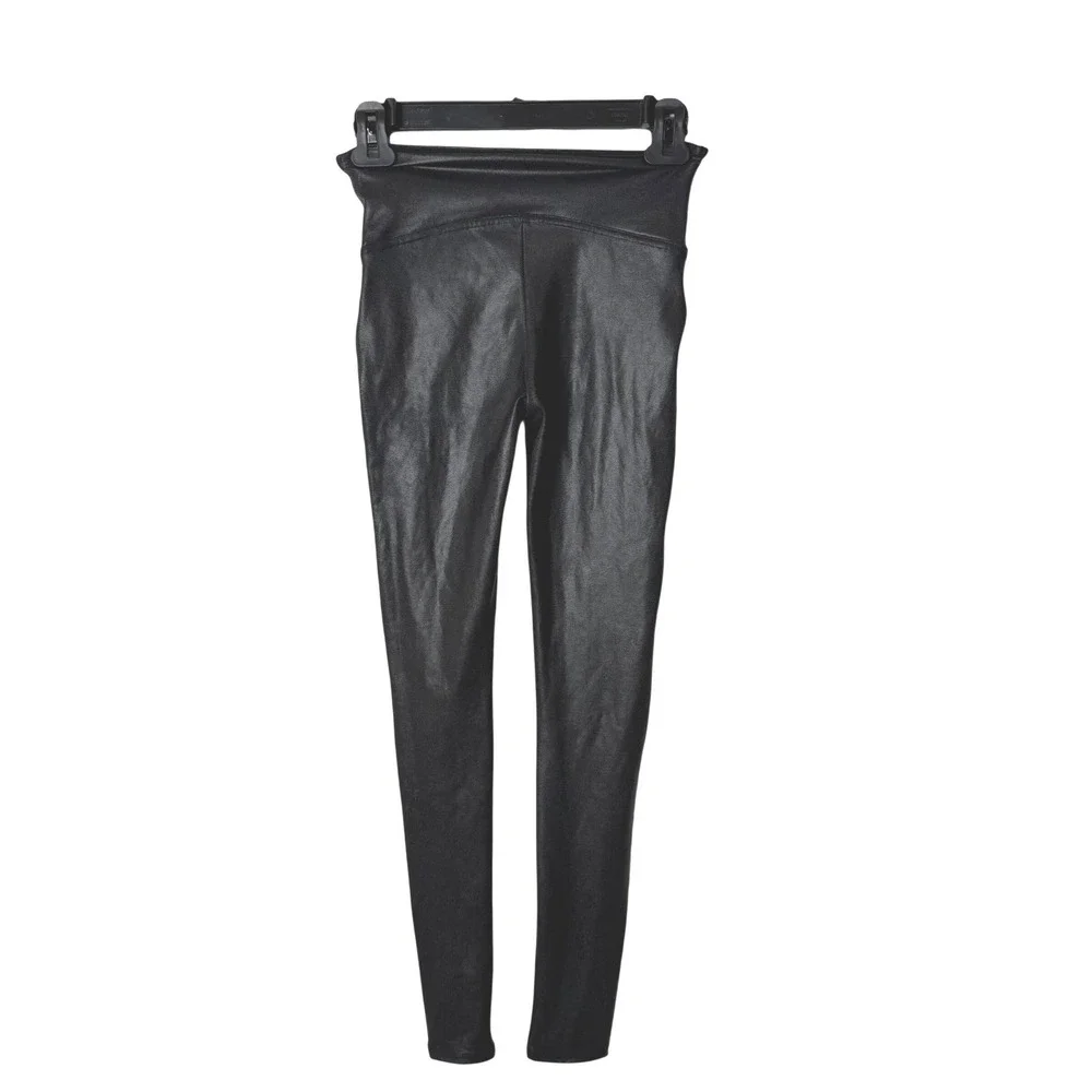 SPANX Shape Faux Leather Black Leggings‎ Womens Size S 2437 Shaping Waist